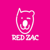 Ein Logo mit einem lächelnden roten Bären auf rosa Hintergrund und dem Text RED ZAC in weiß.