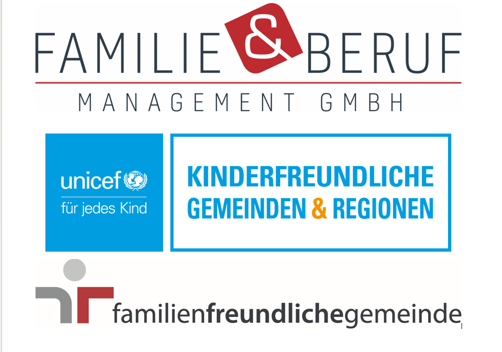 Logo für Familie & Beruf Management GmbH, ein familienfreundliches Managementunternehmen, in Partnerschaft mit UNICEF, das kinderfreundliche Gemeinden und Regionen fördert.