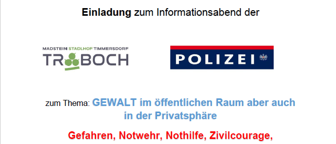 Einladung zu einem Informationsabend zum Thema Gewalt im öffentlichen Raum und in der Privatsphäre. Gefahren, Selbstverteidigung, Zivilcourage, gesetzliche Grundlagen und Hilfssysteme. 9. Juni 2026 um 18:00 Uhr. Veranstalter: Gerd Hornbacher, Polizeipräventionsbeamter.