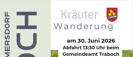 Ein Flyer für eine Wanderung am 30. Juni 2026, Abfahrt 13:30 Uhr in Trabach, zeigt einen Korb mit lila Blumen und eine Person, die Kräuter schneidet.