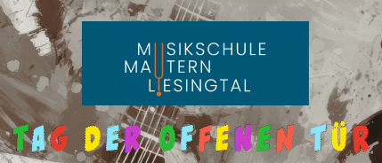Plakat der Musikschule. Offener Tag am 07.07.2026. Musikinstrumente zur Probe. Kostenloses Hauptfach. Ort: Musikschule.