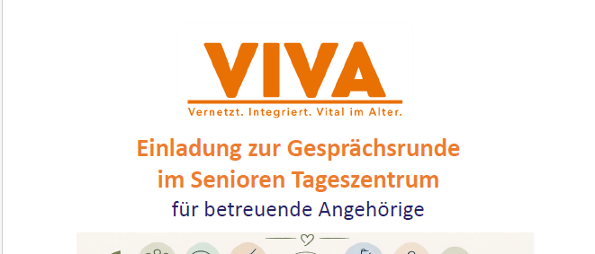 Einladung zur Gesprächsrunde im Senioren Tageszentrum für betreuende Angehörige. Donnerstag, 02. Juli 2026, 14:00 bis 15:30 Uhr. Kontakt: Sabine Burger, 03842/23710.