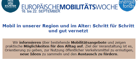 Ein Informationsposter über Mobilität in der Region und für ältere Menschen. Es enthält einen Zeitplan, Datum und Ort. Das Poster zeigt Illustrationen von Menschen, Transportmitteln und einer Versammlung.