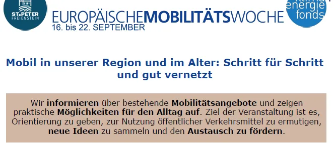 Ein Informationsposter über Mobilität in der Region und für ältere Menschen. Es enthält einen Zeitplan, Datum und Ort. Das Poster zeigt Illustrationen von Menschen, Transportmitteln und einer Versammlung.