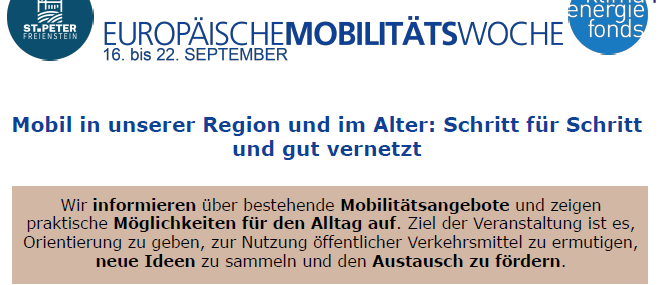 Ein Informationsposter über Mobilität in der Region und für ältere Menschen. Es enthält einen Zeitplan, Datum und Ort. Das Poster zeigt Illustrationen von Menschen, Transportmitteln und einer Versammlung.