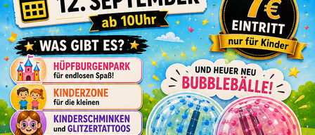 Poster for Lanziland Traboschersee event on September 12th. Features a playground, kids' zone, bubble balls, popcorn, cotton candy, and glitter tattoos. Entry fee is 7 euros for kids.