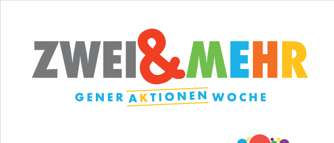 Plakat für 'Zwei & Mehr' Generationen Woche vom 28. September bis 4. Oktober 2026 mit einem farbenfrohen abstrakten Design aus Kreisen und Text, der intergenerationelle Aktivitäten fördert.
