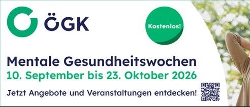 Ein Plakat für die Mentale Gesundheitswochen vom 10. September bis 23. Oktober 2026 mit einer Frau im Garten, grünem Logo und Text auf Deutsch.