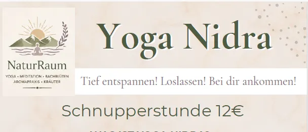 Plakat für Yoga Nidra-Veranstaltung im Gemeindeamt Trabach am 14. Oktober 2026 von 18:30 bis 19:45 Uhr. Einführungspreis von 12 Euro, mit einer kostenlosen Teststunde für die ersten 10 Termine. Kontaktieren Sie Kathrin Freischlag für die Anmeldung.