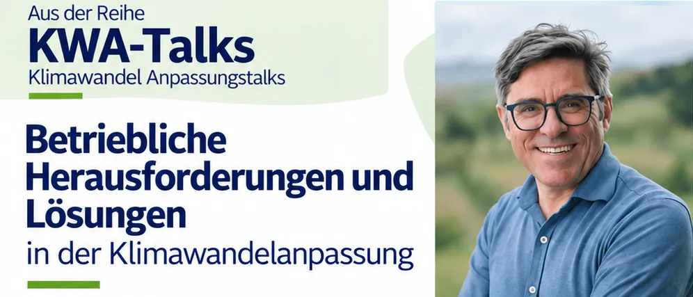 Plakat für einen Workshop zur Klimaanpassung mit Andreas Jäger, einem Meteorologen und Autor. Das Plakat enthält Details zur Veranstaltung, wie Datum, Uhrzeit und Ort, sowie eine kurze Beschreibung der zu diskutierenden Themen.