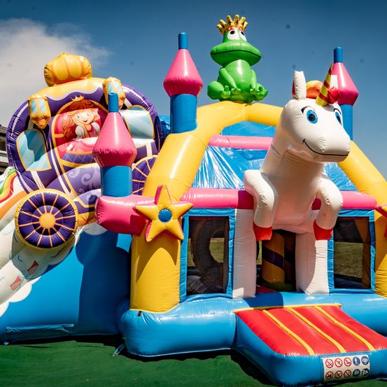 Ein bunter aufblasbarer Schloss-Bouncer mit einem Einhorn, einem Frosch und einer Mädchenfigur. Er hat eine Rutsche, einen Stern und eine Krone. Er steht auf einem grünen Rasenfeld.