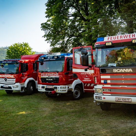 Eine Reihe roter Feuerwehrfahrzeuge ist auf einer Rasenfläche mit Bäumen im Hintergrund geparkt. Die Fahrzeuge haben die Aufschrift 'Feuerwehr' an ihren Seiten.