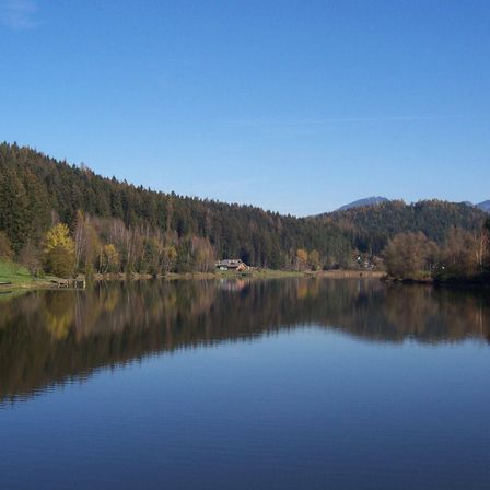 Ein ruhiger See umgeben von üppigen Wäldern und Bergen unter einem klaren blauen Himmel. Spiegelungen von Bäumen und Gebäuden spiegeln sich auf der ruhigen Wasseroberfläche.