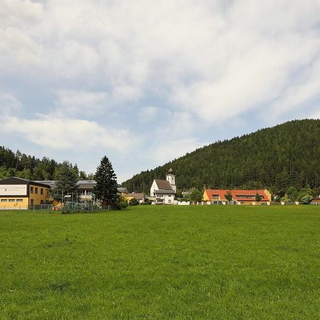 Ein ländliches Dorf mit mehreren Gebäuden, einschließlich einer Kirche, unter einem teilweise bewölkten Himmel. Das Dorf ist von einem üppigen grünen Feld und einem bewaldeten Hang umgeben.