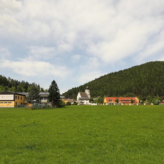 Ein ländliches Dorf mit mehreren Gebäuden, einschließlich einer Kirche, unter einem teilweise bewölkten Himmel. Das Dorf ist von einem üppigen grünen Feld und einem bewaldeten Hang umgeben.