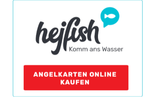 Ein Logo für hejfish, ein Unternehmen mit einem Fischsymbol, und dem Slogan Komm ans Wasser. Unten befindet sich ein roter Button, der Angelkarten Online Kaufen sagt.