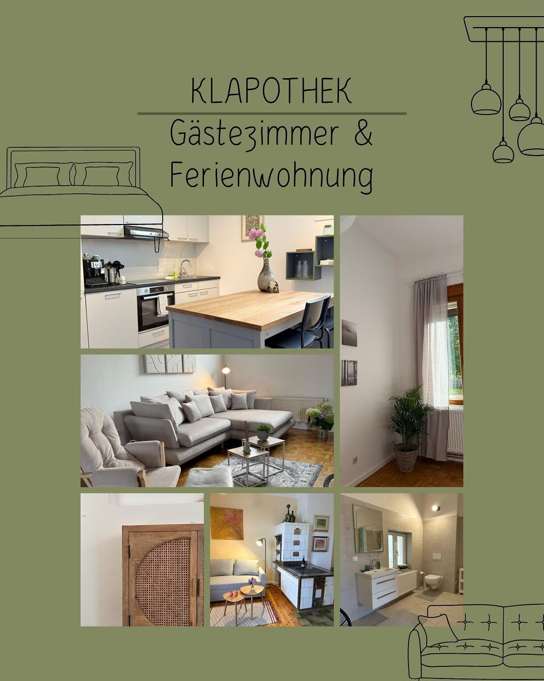 Eine Collage von Bildern, die ein Gästezimmer und eine Ferienwohnung zeigt. Es enthält ein Schlafzimmer mit einem Bett, eine Küche mit Geräten, einen Wohnbereich mit einer Couch und ein Badezimmer mit Toilette und Waschbecken.
