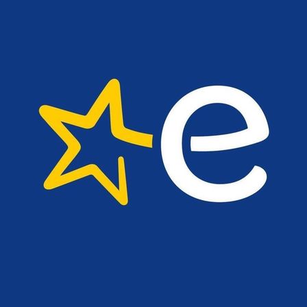 Ein gelber Stern und ein weißer Buchstabe 'e' auf blauem Hintergrund.