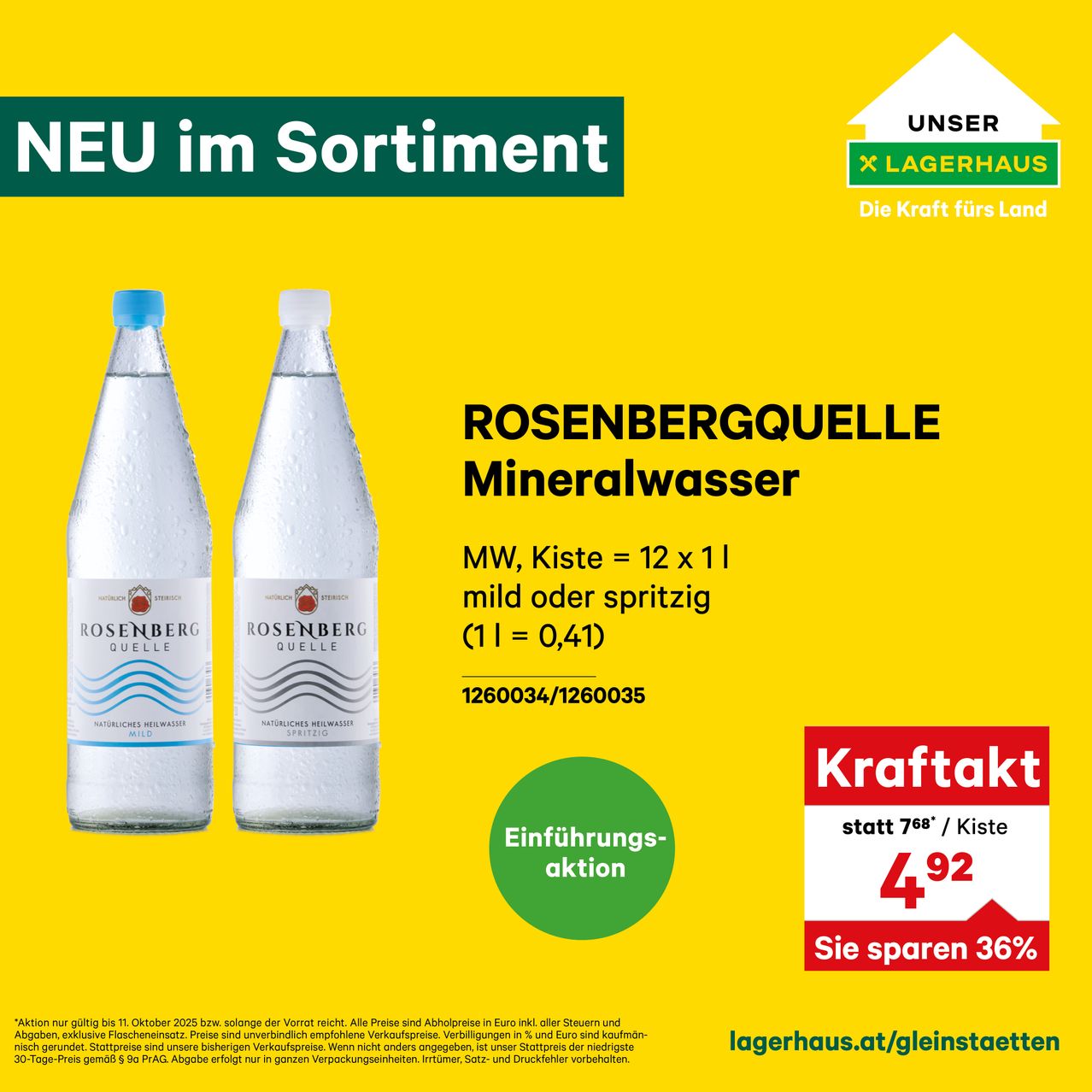 Eine Werbung für Rosenbergquelle Mineralwasser. Zwei Flaschen sind abgebildet. Der Preis beträgt 7,68 Euro pro Karton mit 12 Flaschen. Das Angebot spart 36%. Das Angebot ist bis zum 31. Oktober 2025 gültig.
