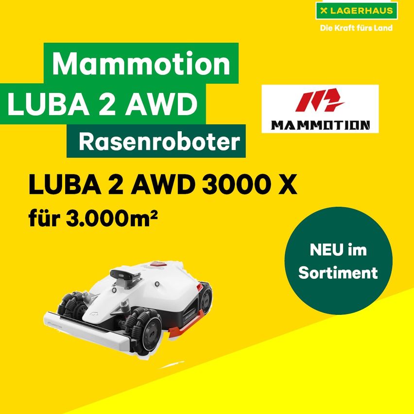 Werbung für den Mammition Luba 2 AWD Rasenroboter, der bis zu 3.000 Quadratmeter abdeckt. Ein neues Modell im Sortiment.
