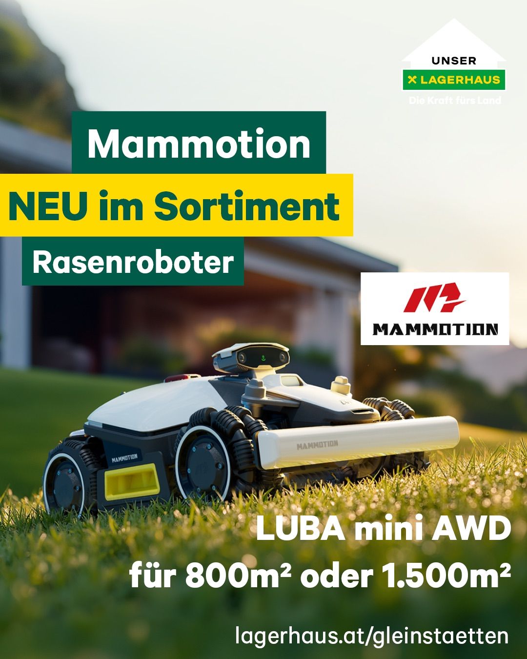 Mammotion führt einen neuen Rasenmähroboter in sein Sortiment ein. Der Robotermäher heißt Luba mini AWD und eignet sich für Flächen von 800m2 oder 1.500m2. Er wird auf einem Plakat mit einem Haus im Hintergrund beworben.