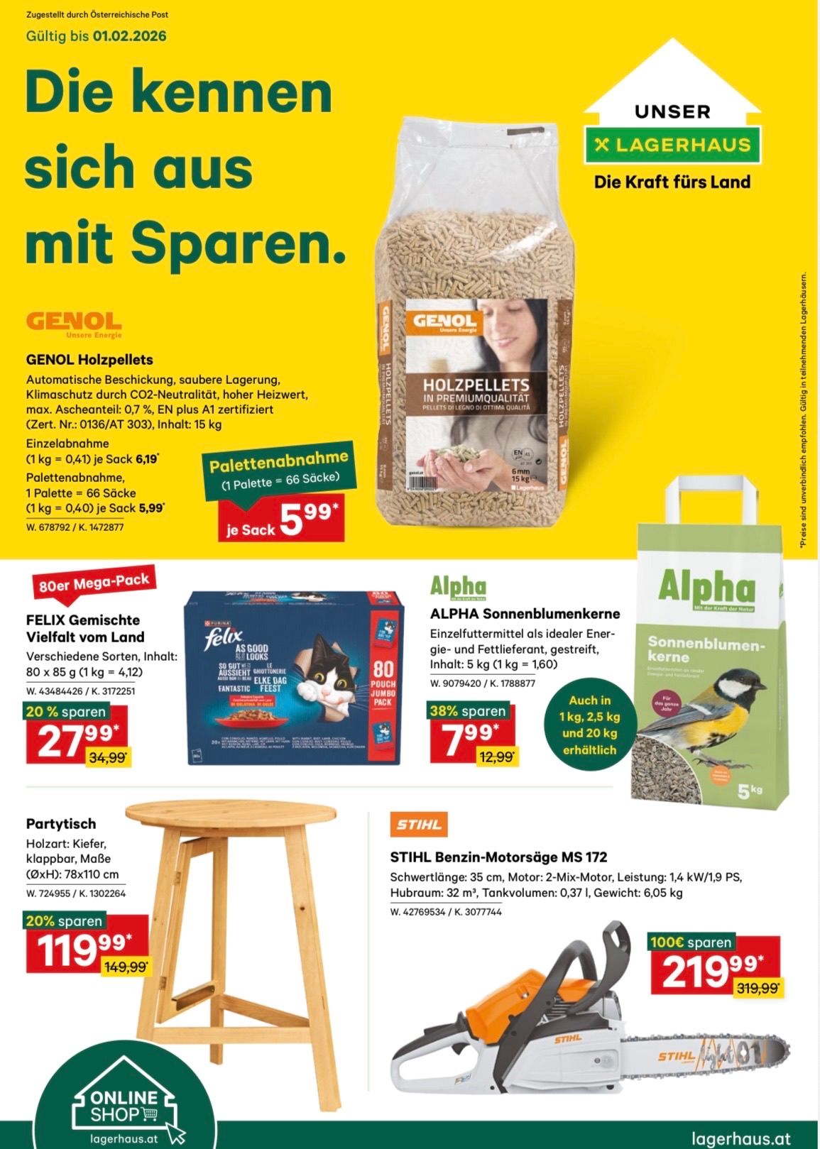 Advertisement for Genol wood pellets, offering savings. Alpha sunflower seeds for birds, 5kg package. Felix mixed cat food, 80 portions, 4.12kg. STIHL gasoline chainsaw, 35 cm bar, 1.4 kW/1.9 PS, 0.37 l tank, 6.05 kg weight. A wooden stool, 78x110 cm.