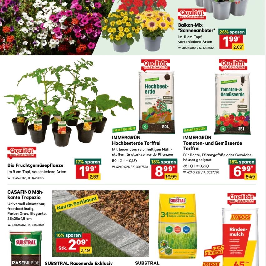 A flyer showcasing different plants and fertilizers. It includes a variety of colorful potted plants, with descriptions and prices for each. There is also a section for bio-fruit and vegetable plants, along with other gardening products.