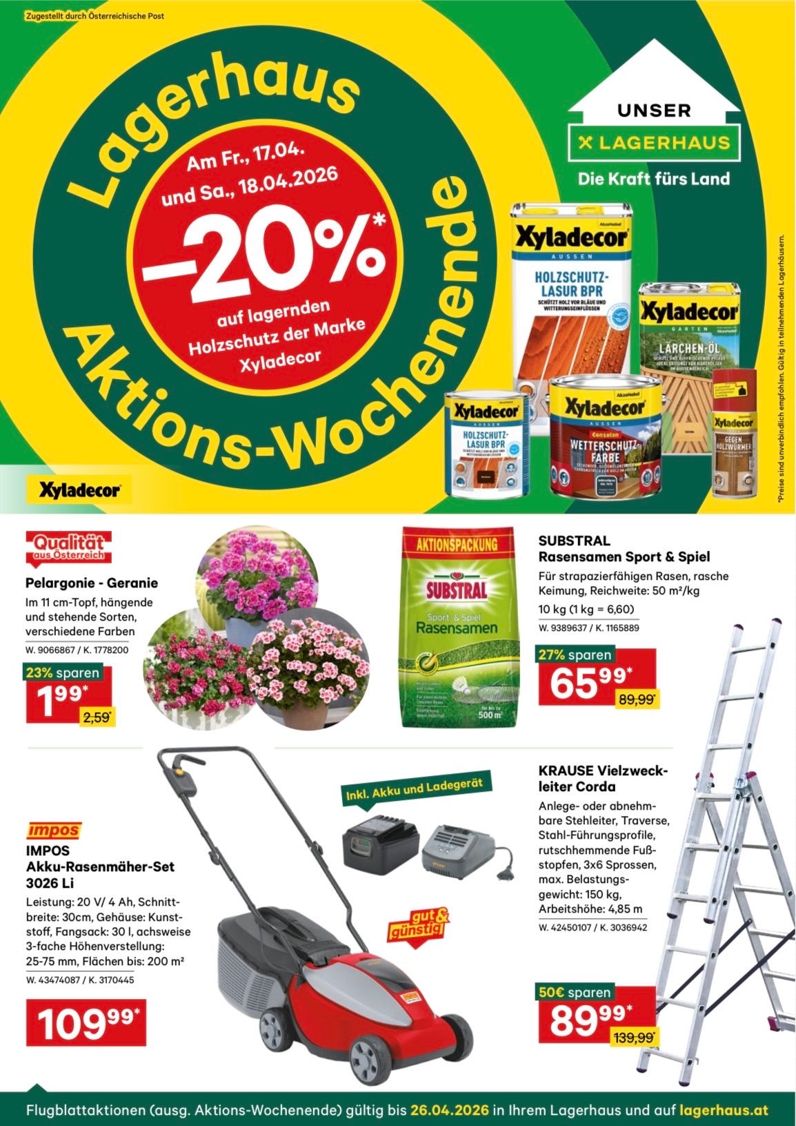Advertisement for Xyladecor's Action Week with discounts on products like Xyladecor Holzschutz, Substral Sport & Spiel, and Impos Akku-Rasenmähder-Set. Discounts include 23% off geraniums, 27% off Substral Sport & Spiel, and a special price for Impos Akku-Rasenmähder-Set. Valid on April 18, 2026.