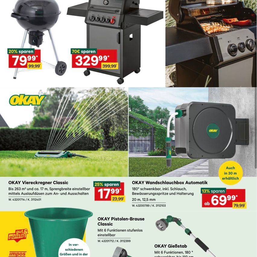 An advertisement for OKAY products includes a charcoal grill, a watering sprinkler, and a hose reel. The grill offers a 20% discount, the sprinkler a 25% discount, and the hose reel a 13% discount. Each product displays its price and discount.