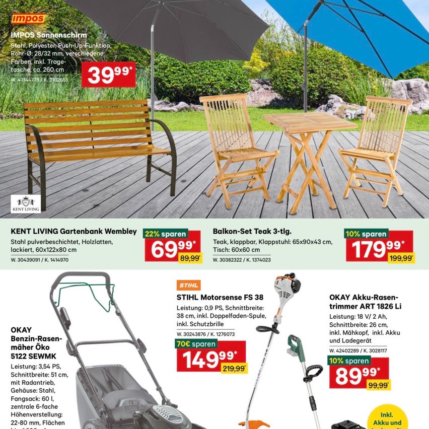 An ad for outdoor furniture. Features a bench, table, chairs, and umbrellas. Prices include a 22% discount for the garden bench and a 10% discount for the teak balcony set.