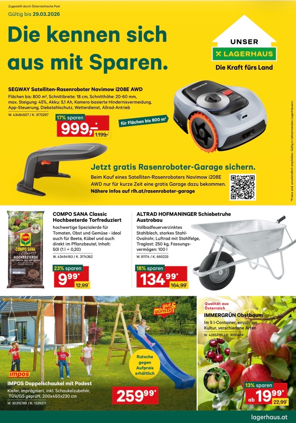 Werbeanzeige für einen Satelliten-Rasenroboter mit einer kostenlosen Garage. Beinhaltet auch eine Schubkarre und einen Obstbaum. Bietet Einsparungen und Details zu jedem Produkt.