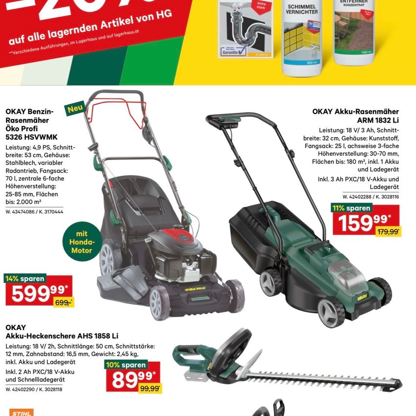 Werbung für OKAY Rasenmäher. Neuer Benzinmäher mit Honda-Motor. 14% sparen. Elektrischer Hecken- und Rasentrimmer. 10% sparen. Akkubetriebener Rasenmäher. 11% sparen.