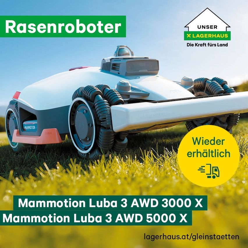 Werbung für Rasenroboter mit einem weißen und grauen Rasenmähroboter auf einem grünen Rasen mit einem gelben Nachfüllsymbol.
