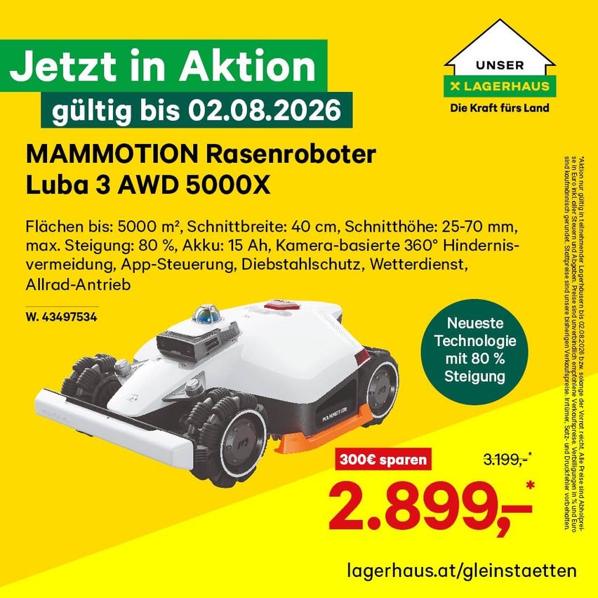 Werbung für einen MAMMOTH Rasenroboter mit Funktionen wie 360-Grad-Hindernisvermeidung und App-Steuerung. Preis 2.899 Euro. Gültig bis 2. August 2026.
