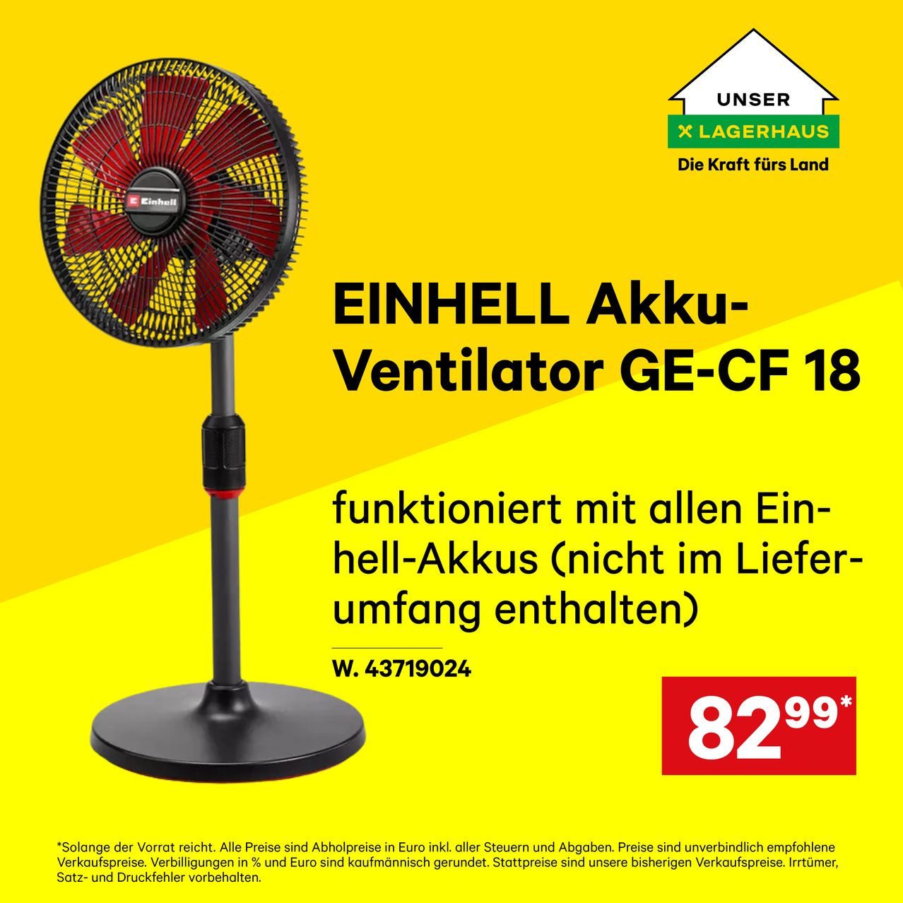 Eine Werbung für einen Einhell Akku-Ventilator, Modell GE-CF 18, auf gelbem Hintergrund. Der Ventilator ist schwarz mit roten Blättern und steht im Bild. Der Preis beträgt 82,99 Euro.