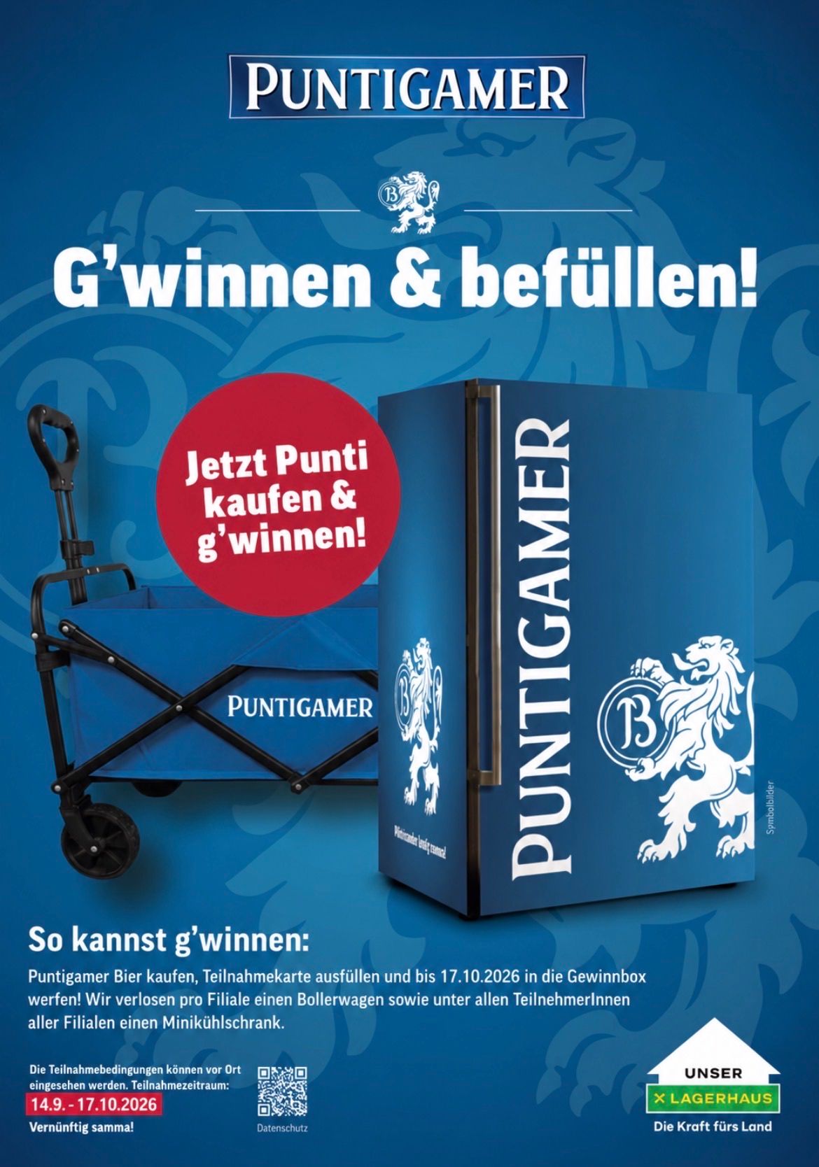 Werbung für Puntigamer Bier mit einem blauen Kühlschrank, einem Löwenlogo und einem Einkaufswagen. Der Text lautet 'G'winnen & befüllen!' und 'Jetzt Punti kaufen & g'winnen!' mit einem roten Kreis, der die Kauf- und Gewinnnachricht hervorhebt.