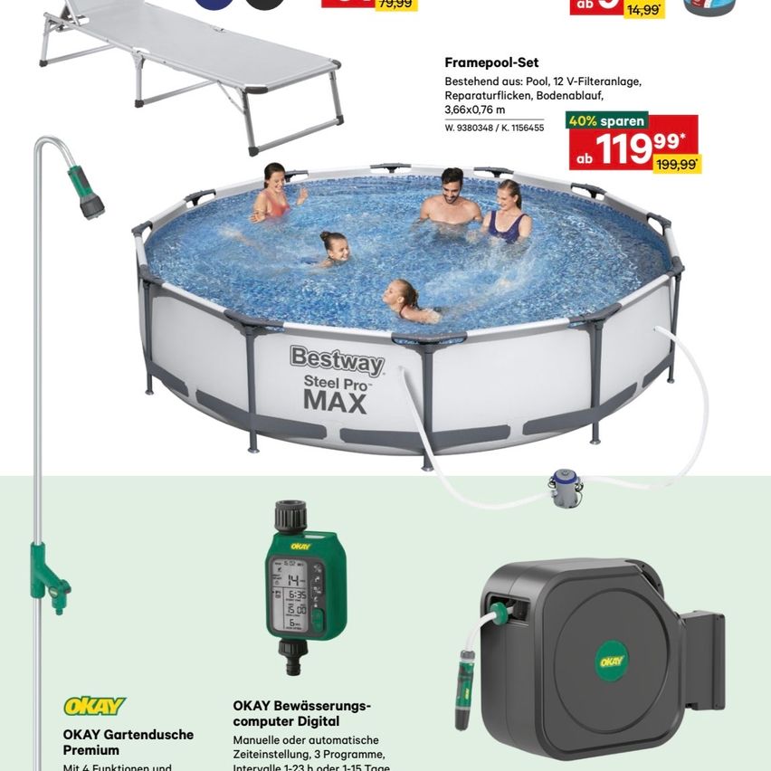 The ad features a Bestway Steel Pro MAX pool, measuring 3.66x0.76m. It includes pool, 12 V-filter, repair kit, and ground cover. The pool has a capacity of 115645 liters.