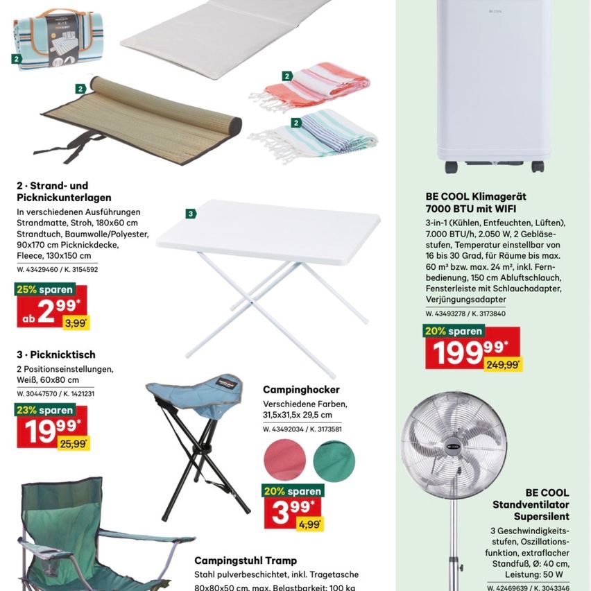 A catalog displays camping essentials: beach towel, beach mat, picnic blanket, foldable table, camping chair, and fan. Products include a beach towel, beach mat, picnic blanket, foldable table, camping chair, and a fan with 3 speeds. Each item has a price tag and discount.
