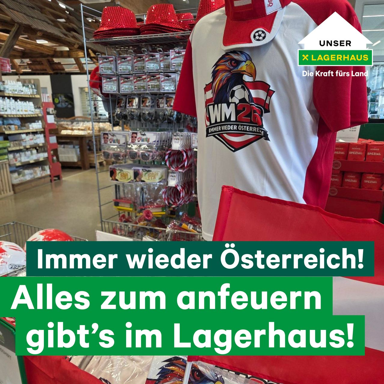 A store displays a sports jersey with a logo and a slogan. Various merchandise is on display, including hats and scarves. The store features shelves with products and a red backdrop.
