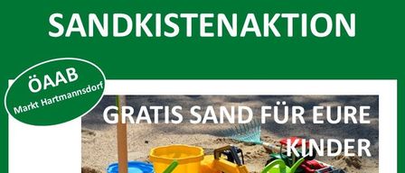 Ein Flyer von OAB Markt Hartmannsdorf, der kostenlosen Sand für Kinder anbietet. Anmeldungen sind bis Ende März 2026 möglich. Die Lieferung ist für den 11. April 2026 geplant, wetterabhängig.