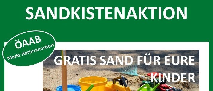 Ein Flyer von OAB Markt Hartmannsdorf, der kostenlosen Sand für Kinder anbietet. Anmeldungen sind bis Ende März 2026 möglich. Die Lieferung ist für den 11. April 2026 geplant, wetterabhängig.