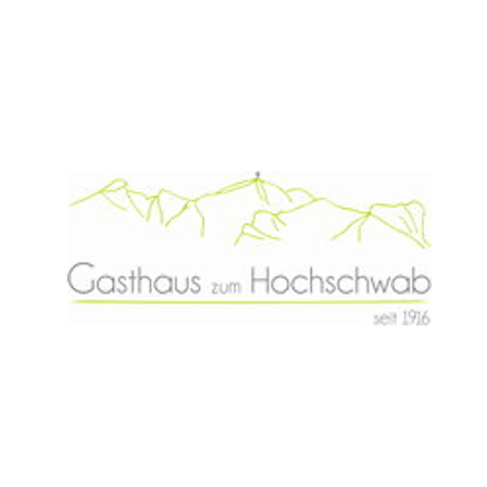 Das Gasthaus zum Hochschwab Logo zeigt eine stilisierte Bergkette mit einem Gipfel und einer kleinen Figur obenauf, vor einem weißen Hintergrund. Der Text lautet Gasthaus zum Hochschwab, gegründet 1916.