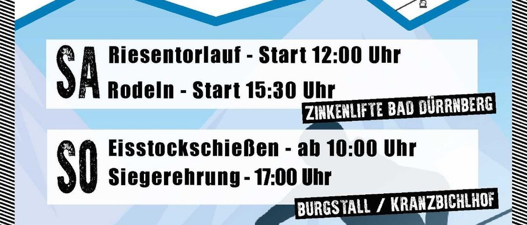 Skimeisterschaftsveranstaltung am 31.01. und 01.02. 2026. Zeitplan umfasst Skilaufstart um 12:00, Rodeln um 15:30 und Sesselliftfahrt ab 10:00. Anmeldung erforderlich. Gebühren: 2 Euro für Kinder/Schüler, 4 Euro für Erwachsene. Für Details kontaktieren Sie info@svduernstein.at.