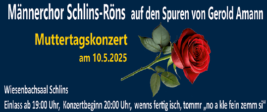 Plakat für das Muttertagskonzert des Schlins-Röns Männerchors am 10. Mai 2025 mit einer roten Rose auf blauem Hintergrund.