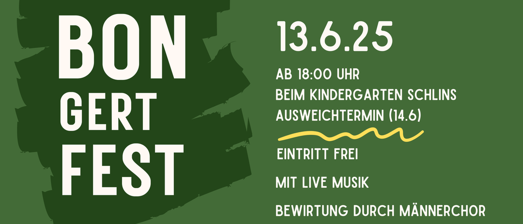 Grünes Plakat mit 'ON ST' links, Datum '13.6.25' rechts. Darunter steht 'AB 18:00 UHR', 'BEI KINDERGARTEN', 'AUSWEICHTERMIN', 'EINTRITT FREI', 'MIT LIVE MUSIK' und 'BEWIRTUNG DURCH'.