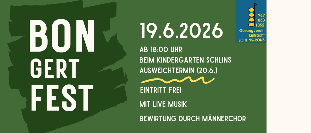 Plakat für eine Veranstaltung im Juni 2026 am 19. Juni um 18 Uhr im Kindergarten Schins. Freier Eintritt mit Live-Musik und Auftritt eines Männerchors.