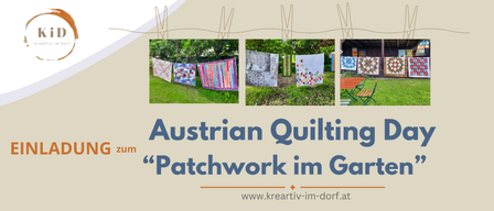 A collage of images showing various colorful quilts hanging on a clothesline in a garden. The text overlay reads 'Austrian Quilting Patchwork im Go' with a website URL at the bottom.