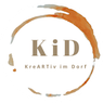 Ein kreisförmiges Logo für 'KiD Kreativ im Dorf' mit einem stilisierten orangefarbenen flammenartigen Design. Der Text 'KiD' ist fett und zentriert, mit 'KreARTiv im Dorf' in kleinerer Schrift darunter.