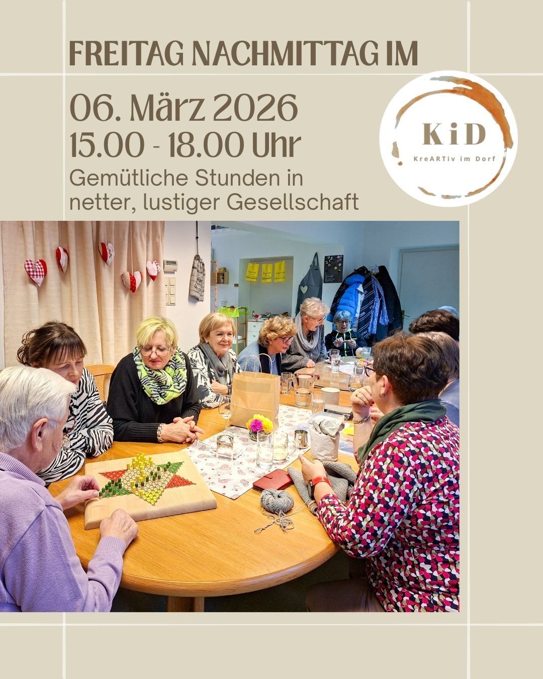 A group of older women is sitting around a table, possibly knitting or crafting. The date and time are written on the top left. There is a watermark with the text KiD on the right.