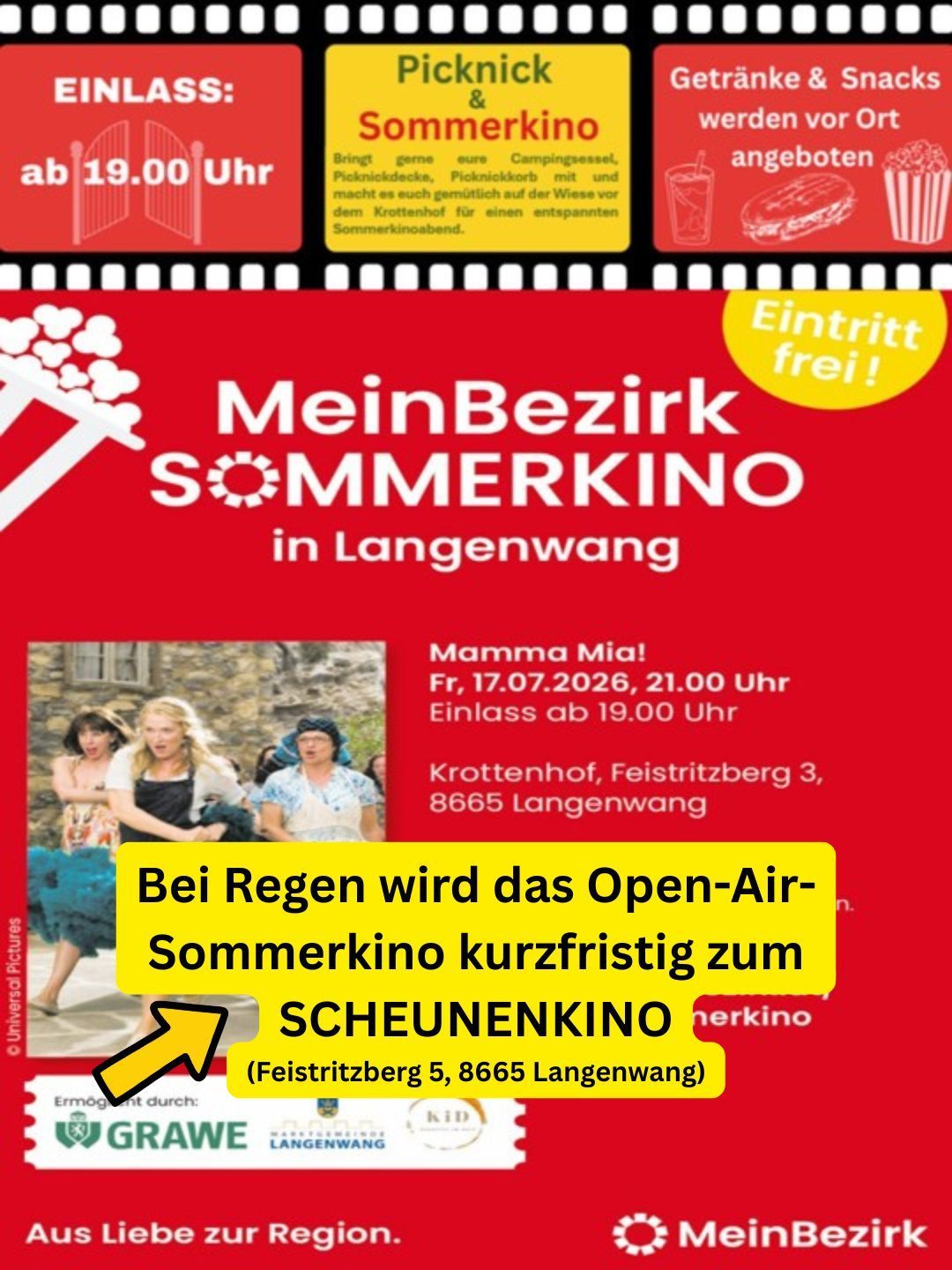 Plakat für Sommerkino in Langenwang, mit einem Filmstreifen, Popcorn und einem gelben Pfeil, der auf eine Schutzmöglichkeit zeigt. Der Eintritt ist frei.